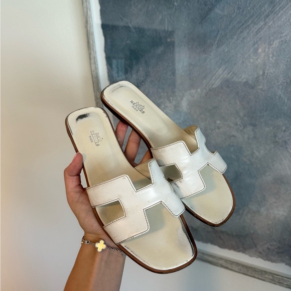Hermes White Leather Slide Sandals - Picture 1 of 4